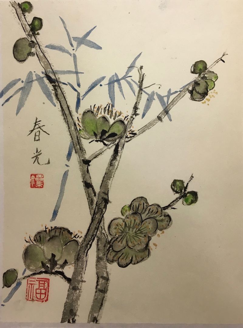 Chinese brushwork of branches and green flowers