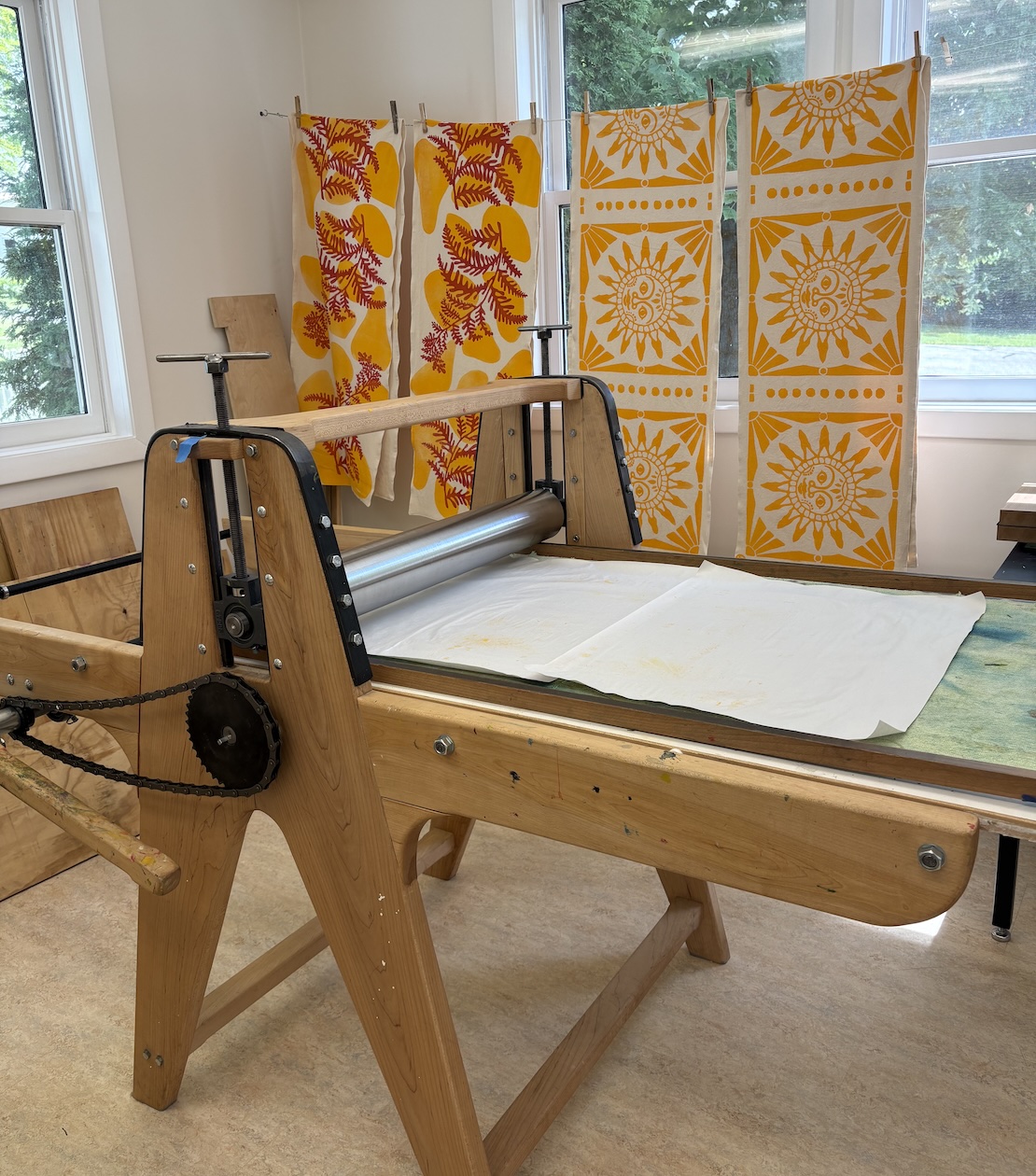 printing press with hand printed textiles
